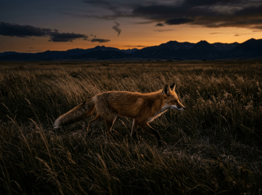 Red fox walking through tall grass at sunset with mountains in background